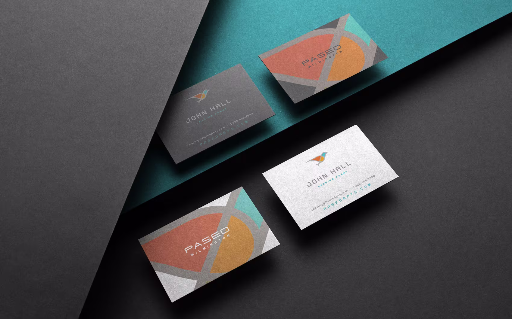 Paseo business cards in the brand palette