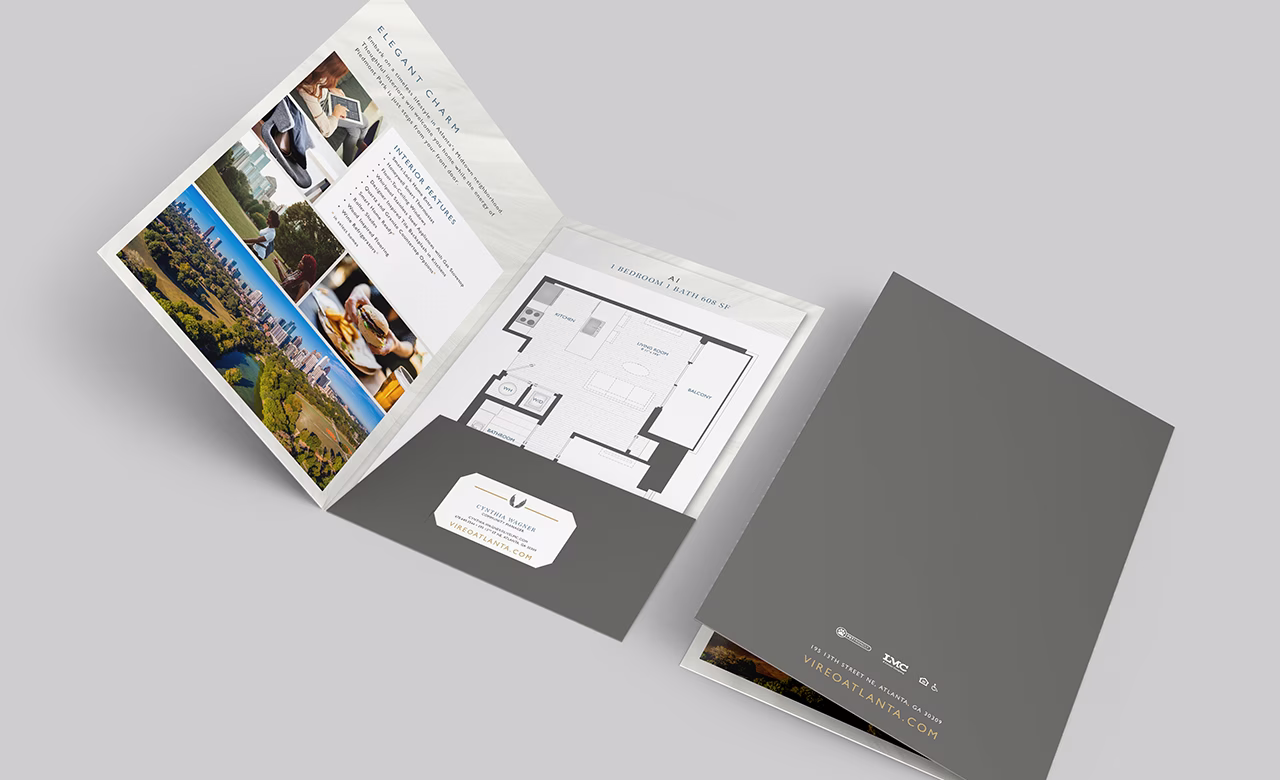Vireo presentation folder with floor plan inserts and business card