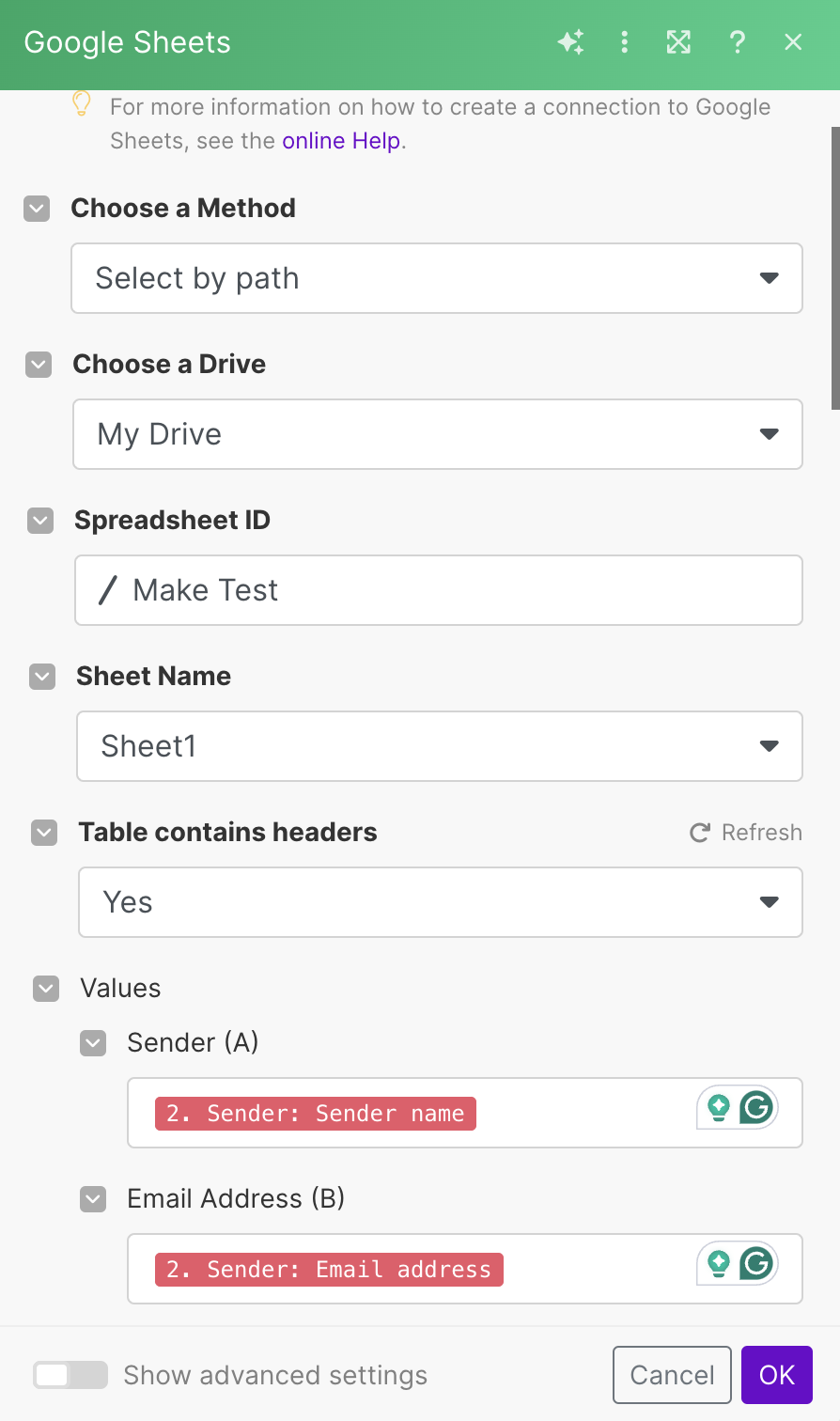 Image: Make - Google Sheet Settings