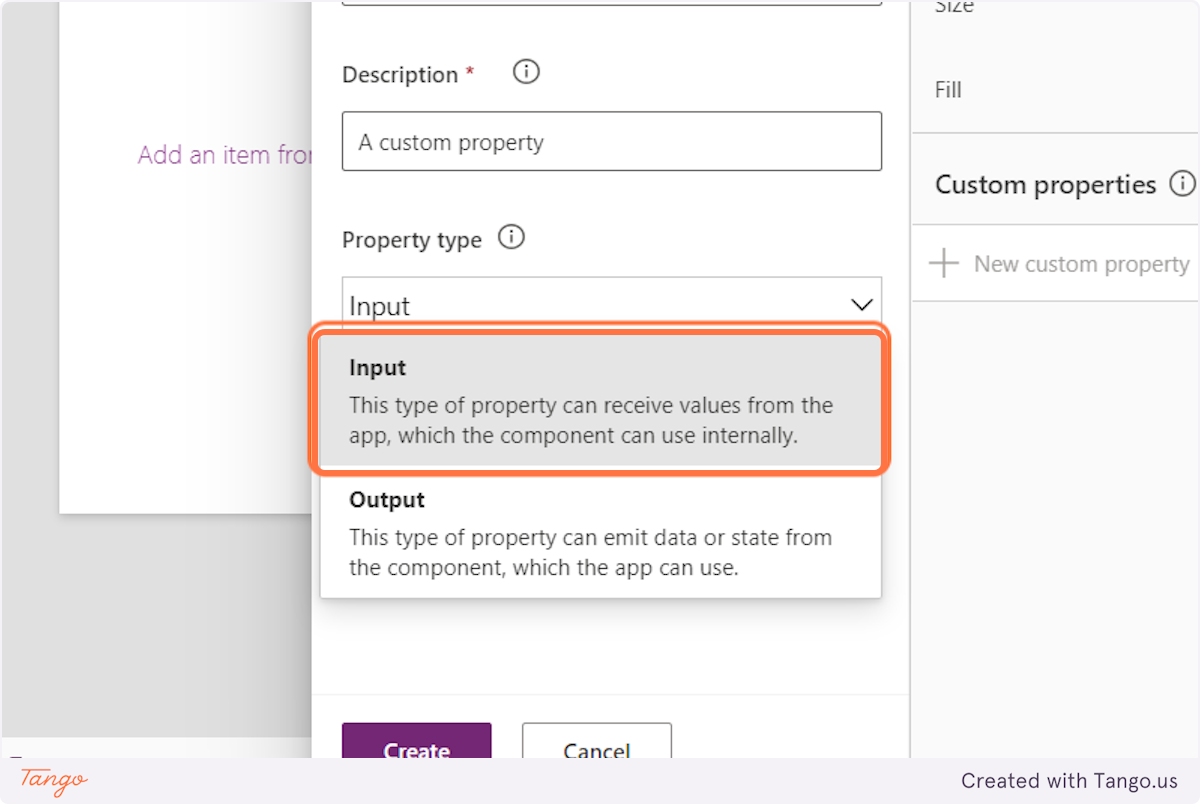 Click on Input type if you want external data to be passed into the component or click on Output type to allow the component to send data back out to the app or other components