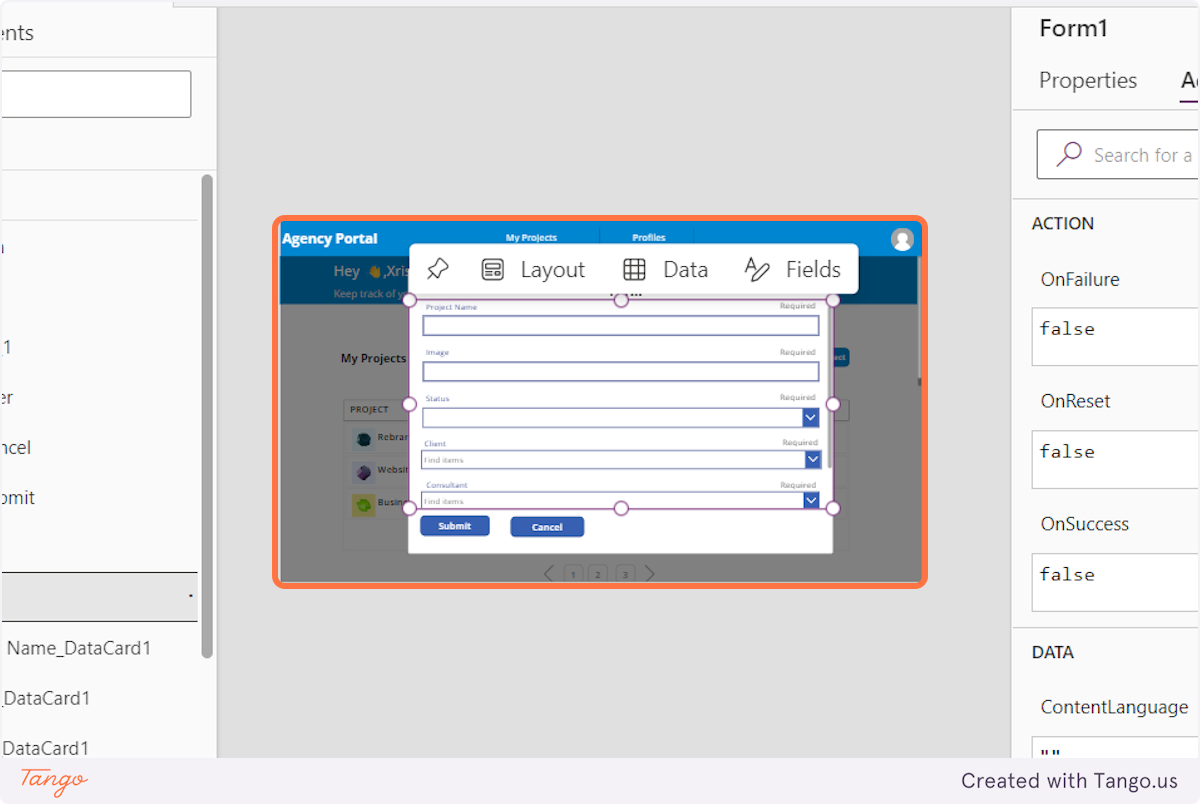 Position the edit form inside the container so to there is free space at the top and at the bottom of the container where the label and buttons are placed