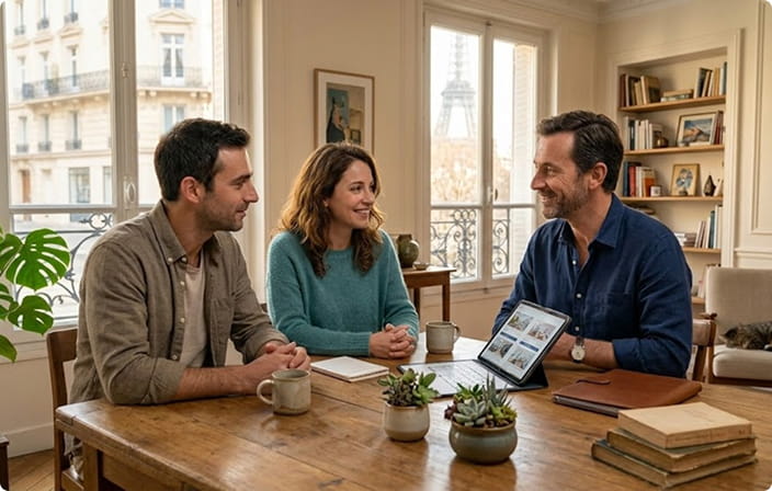Couple consulting with a property expert in a Parisian apartment with Eiffel Tower view