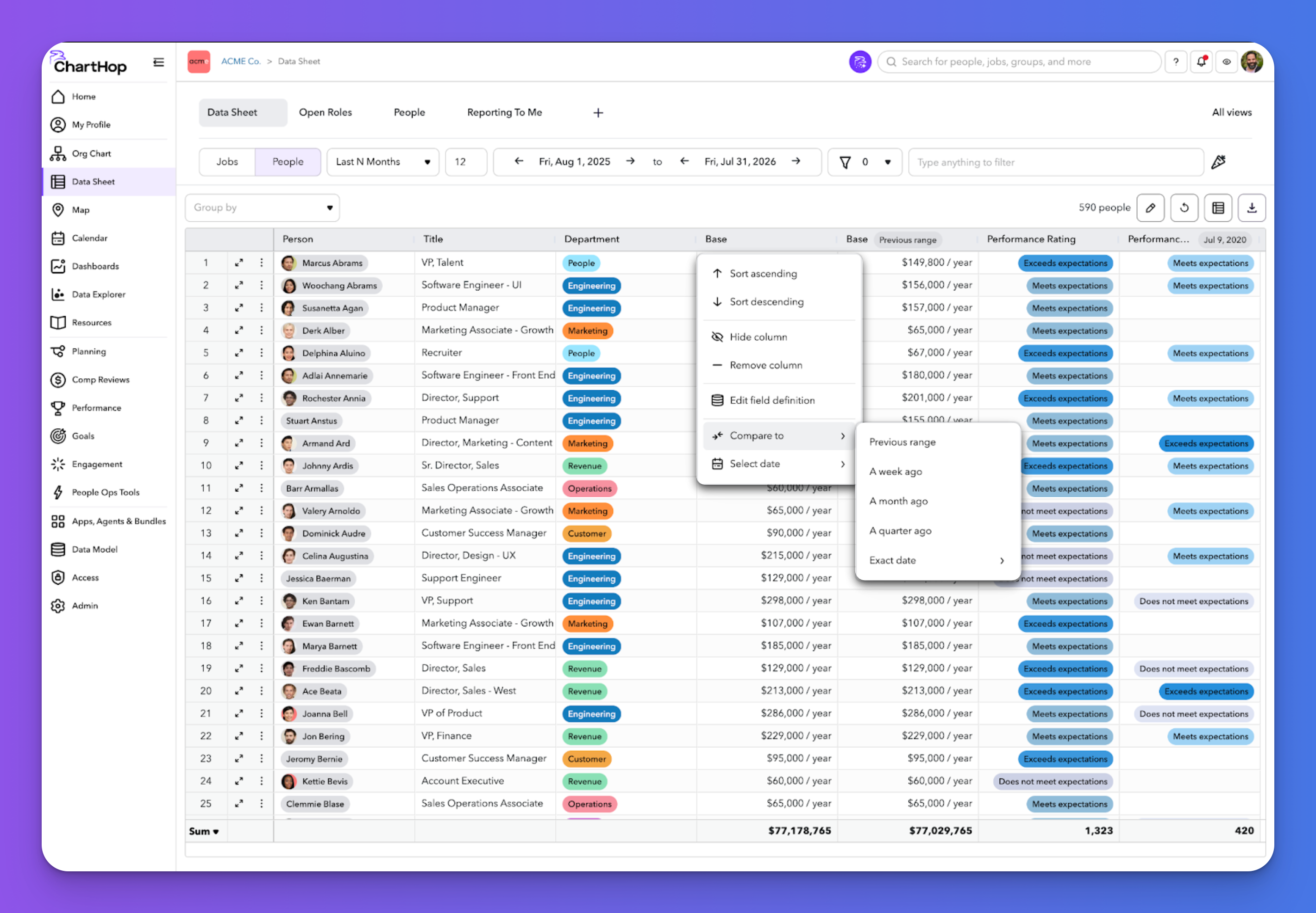 Time-based columns in the ChartHop Data Sheet