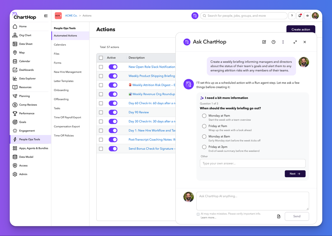 Ask ChartHop setting up a weekly briefing action from a plain-language request