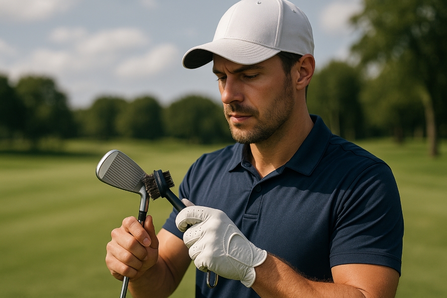 Golfer cleaning his iron with a groove cleaning tool