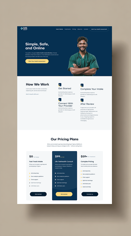Online health service homepage with pricing plans, features, and a smiling doctor in green scrubs.