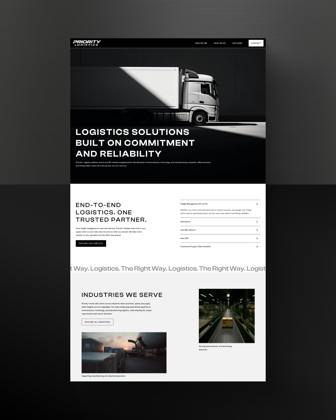 White delivery truck with priority logistics text and sections about logistics services and industries served.