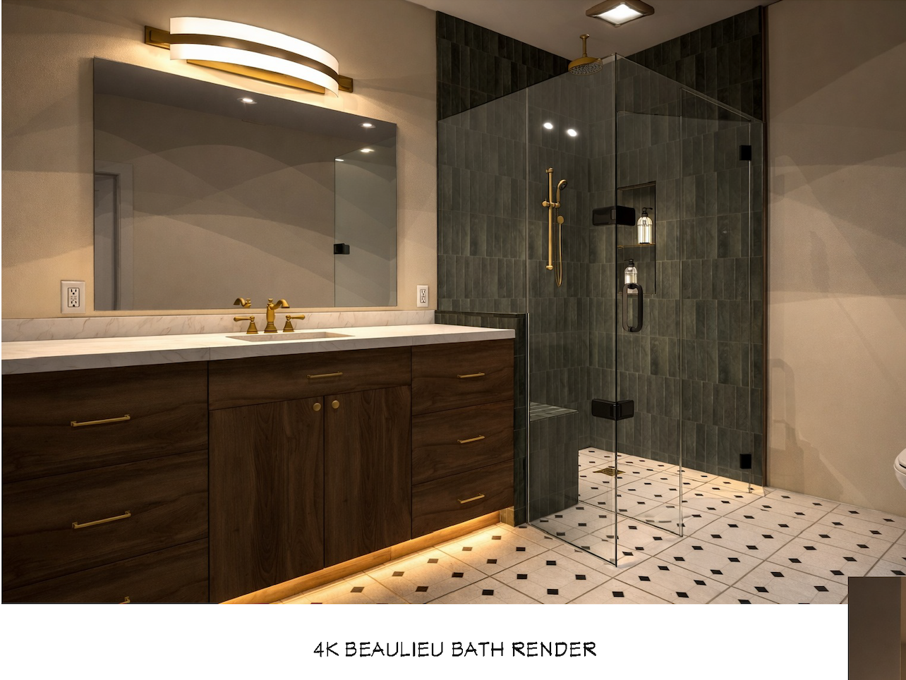 4K design visualization of quiet luxury basement bathroom with warm wood vanity, brass fixtures, black-and-white mosaic flooring and rich green tiled walk-in shower.