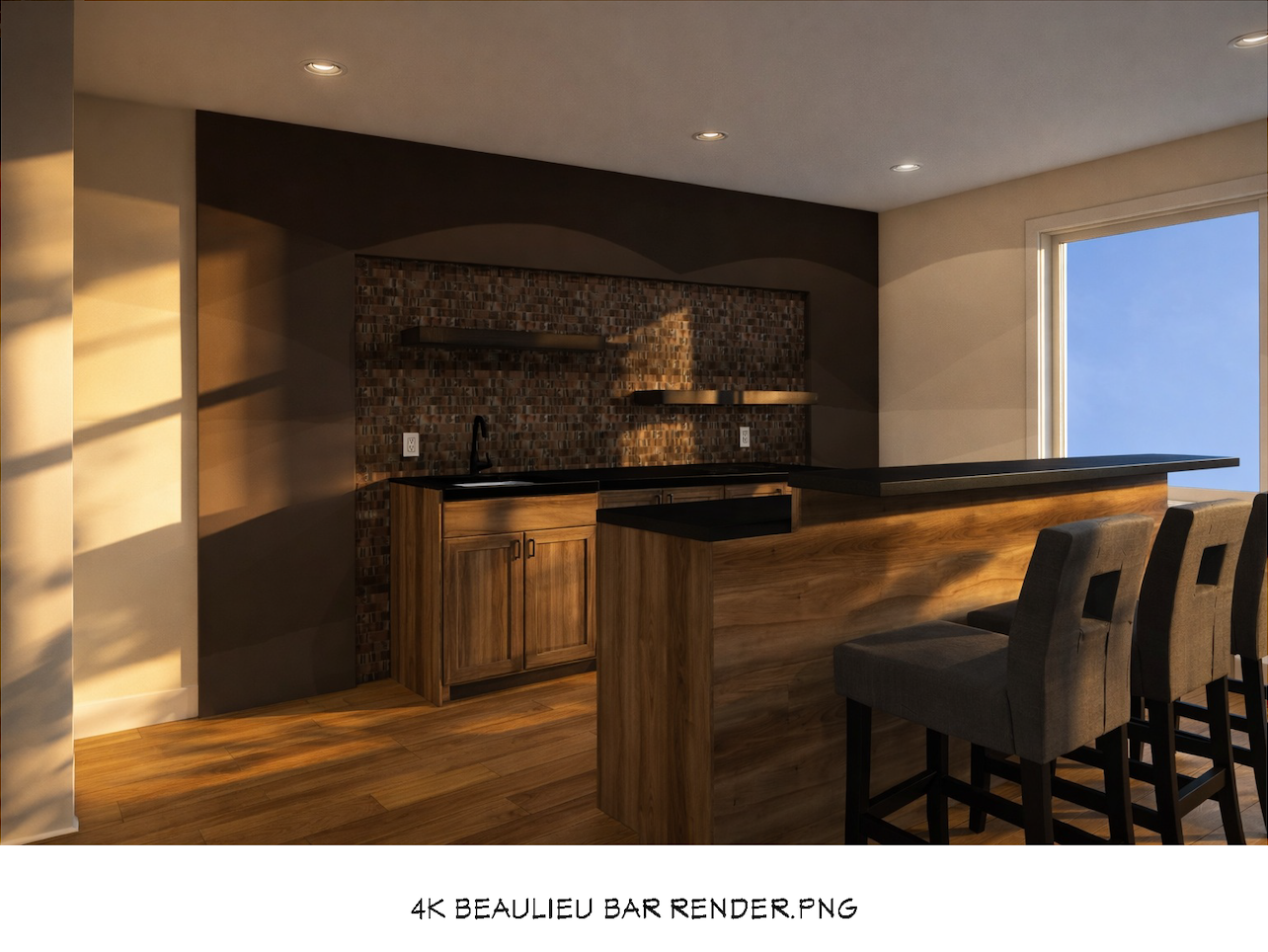 Design visualization of custom basement wet bar with warm wood cabinetry, dark countertops and tiled feature wall.