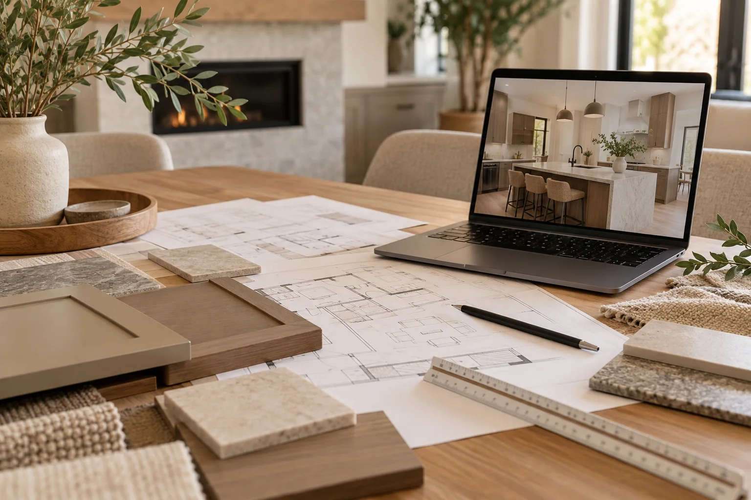 Design workspace with floor plans, cabinetry and finish samples, and a laptop displaying a kitchen concept.