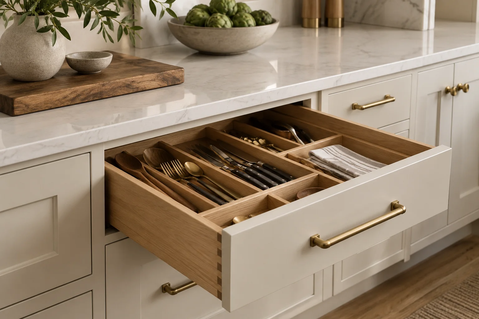 Concept kitchen with warm white cabinetry, an oak island and quartz countertops.