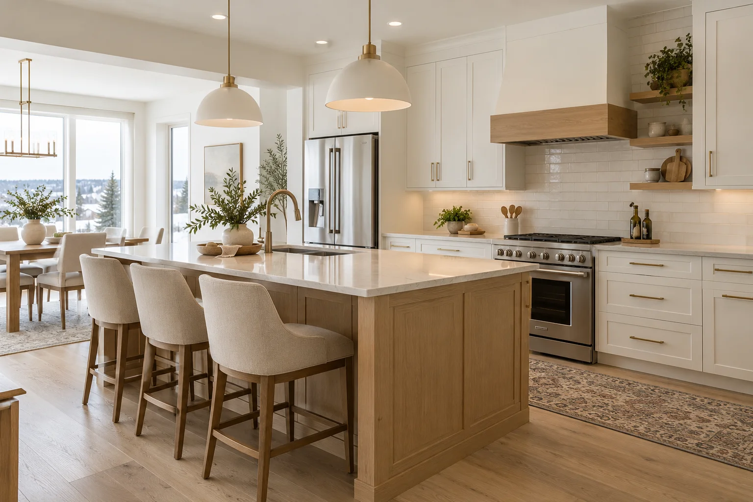 Concept kitchen with warm white cabinetry, an oak island and quartz countertops.