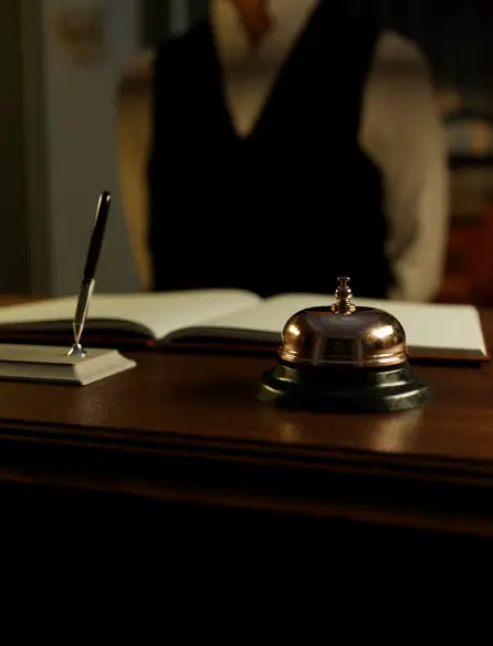 Un escritorio con un libro, un bolígrafo y un libro de visitas.