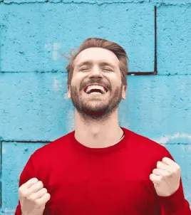 satisfied client in red shirt
