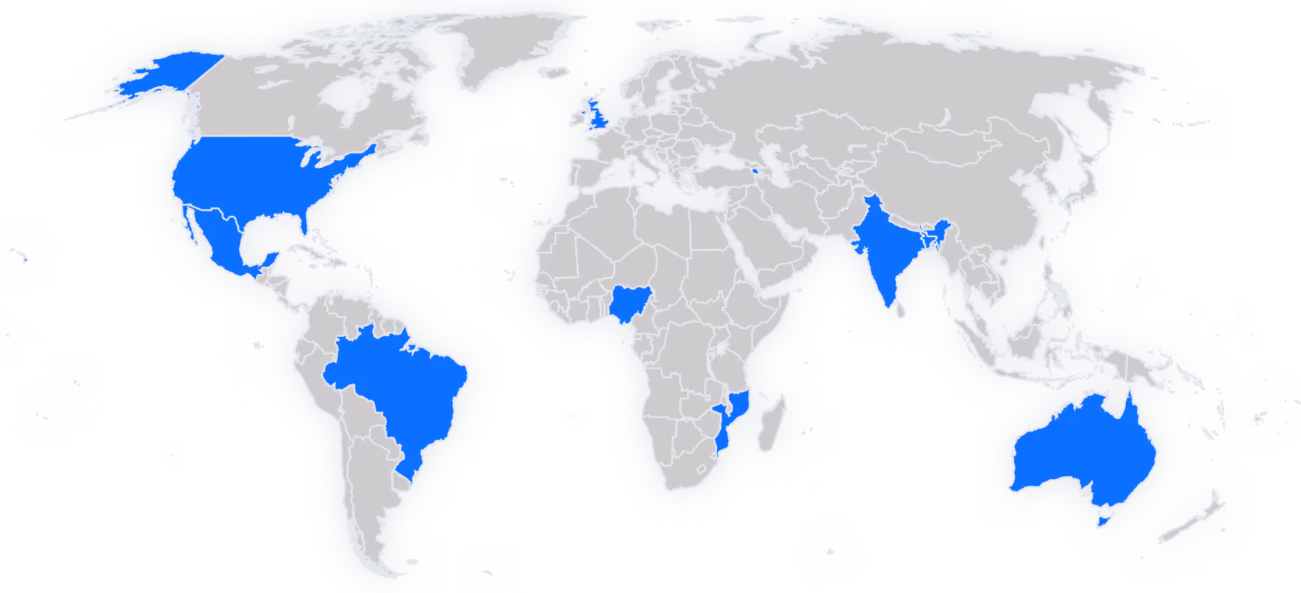 World Map with countries marked blue showcasing beam dynamic global team