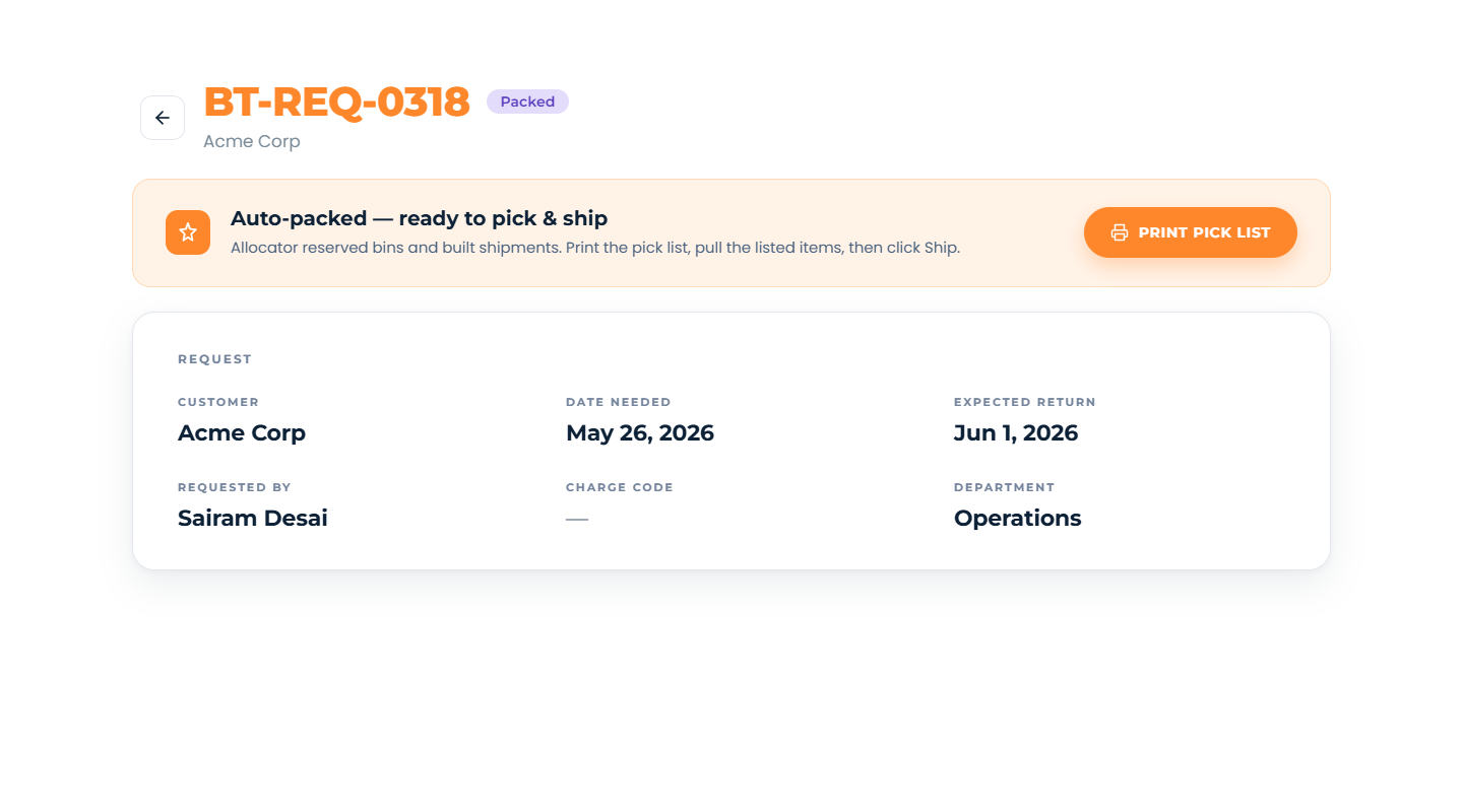BearTracks fulfillment queue showing request with allocation, shipment status, and buy label action
