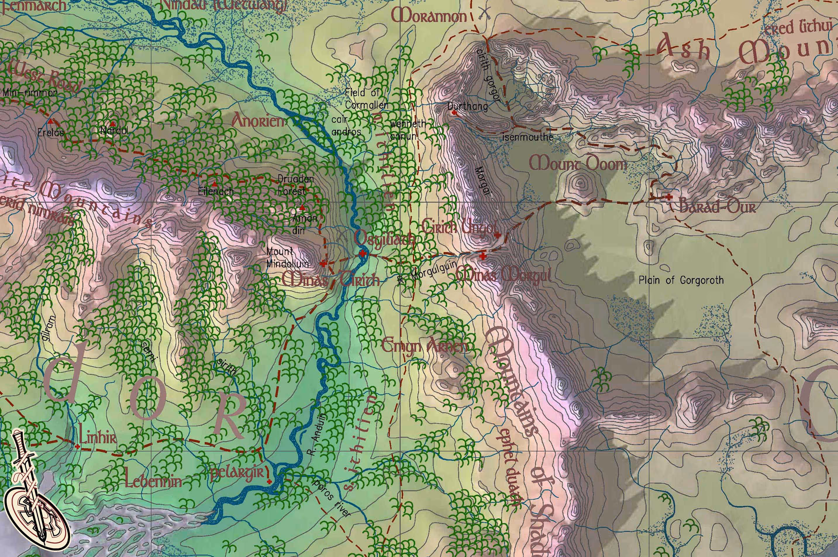 JRR Tolkien’s Middle-Earth, map extract 6a, Minas Tirith, Mount Doom, Baradur