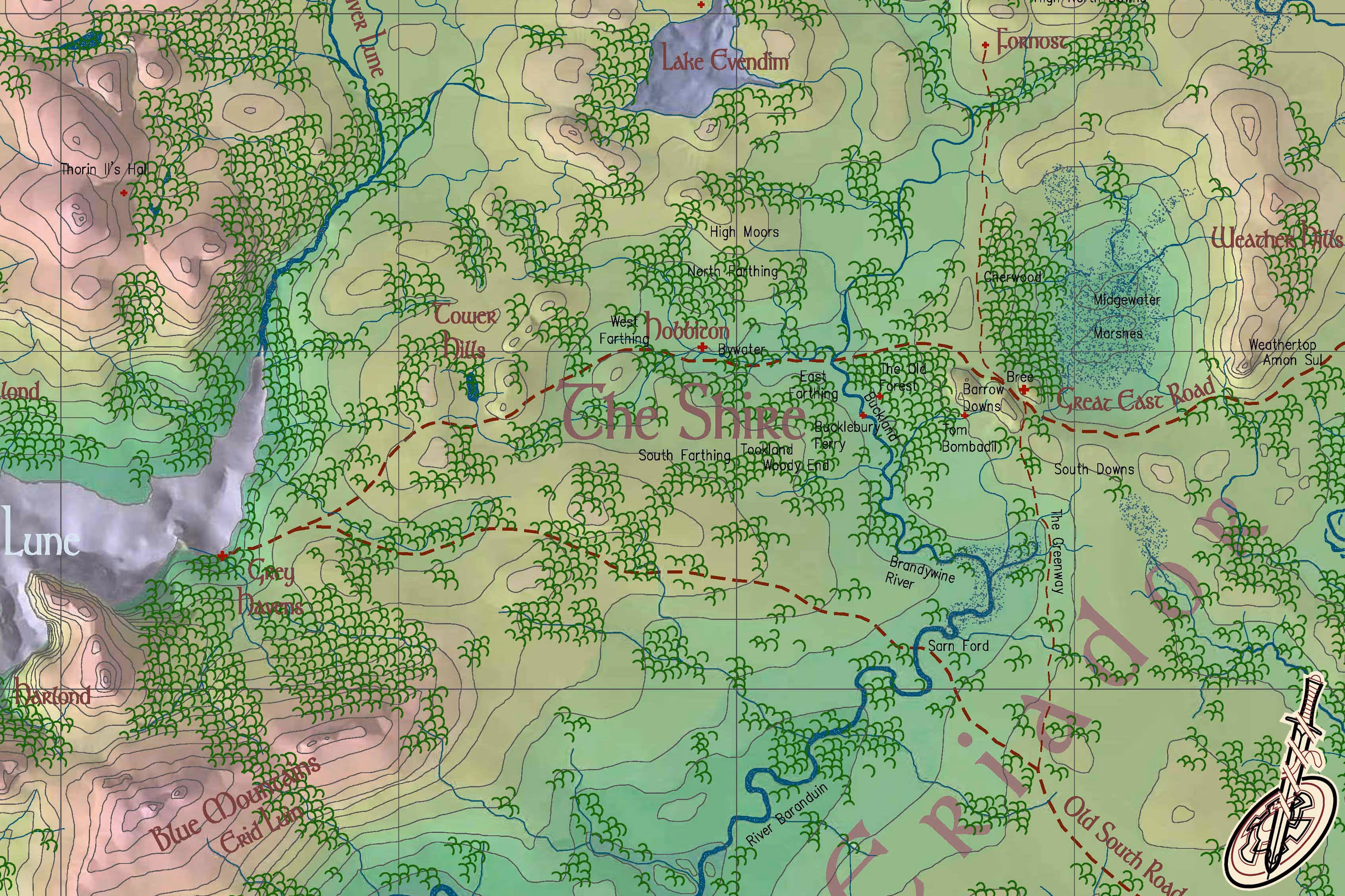 JRR Tolkien’s Middle-Earth, map extract 2, The Shire