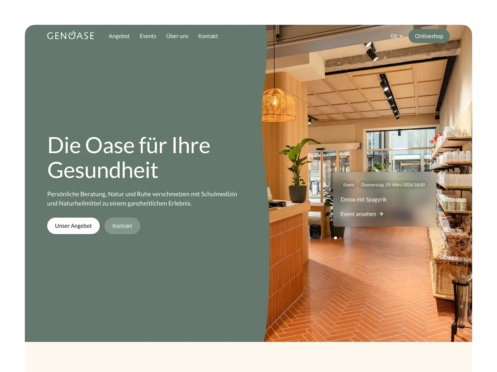 Startseite der Genoase-Website mit Hero-Bereich, Headline 'Die Oase für Ihre Gesundheit' und Foto des Ladenlokals