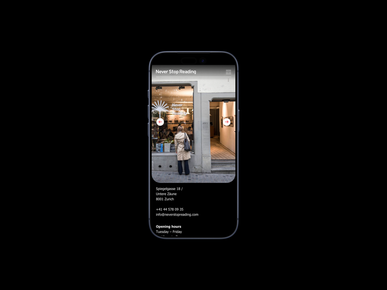 Startseite der Never Stop Reading Webseite auf einem iPhone dargestellt