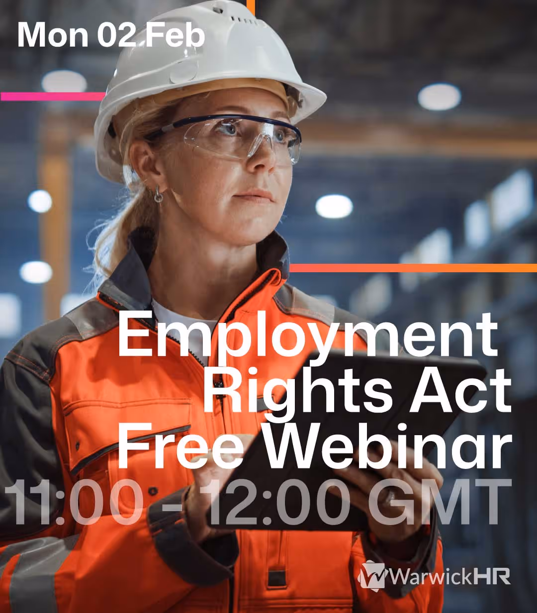 A poster for a Employment rights webinar showing a woman factory worker.
