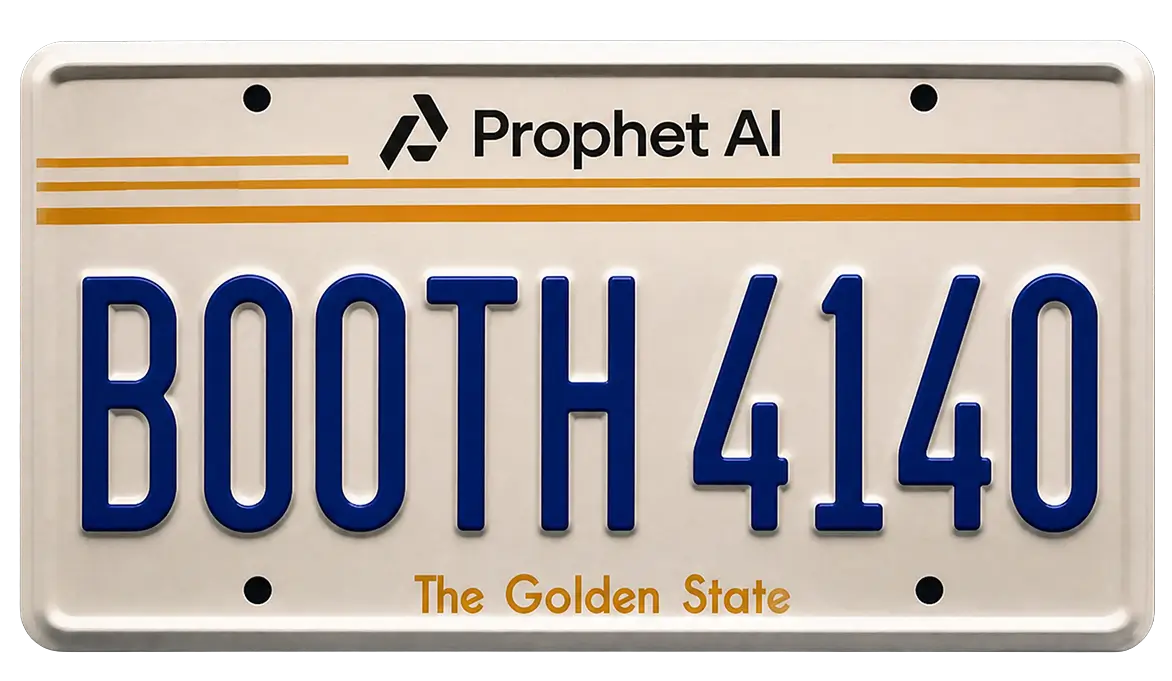 License plate with Prophet AI logo and text BOOTH 4140 in blue with The Golden State tagline.