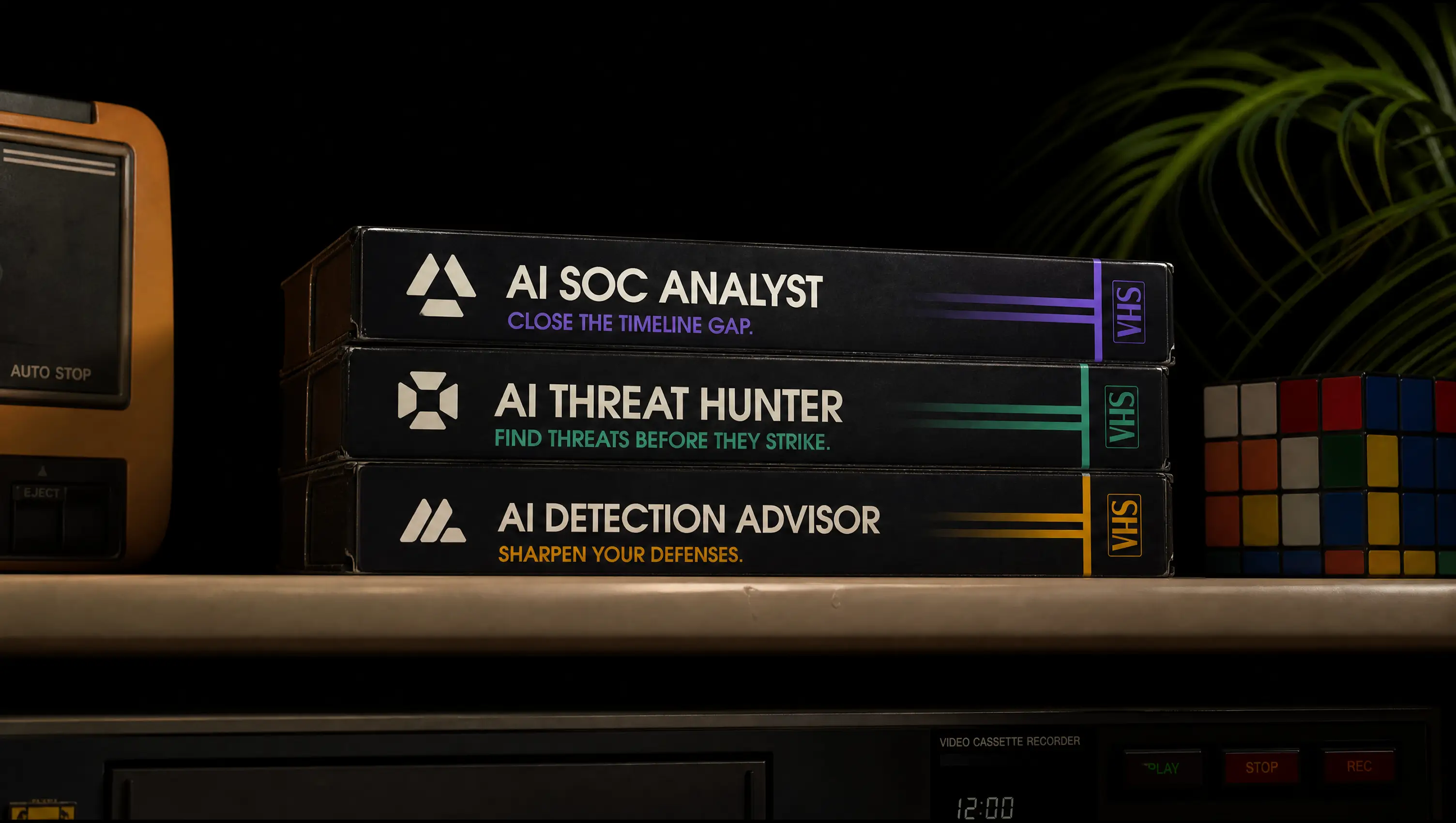 Stack of three VHS tapes labeled AI SOC Analyst, AI Threat Hunter, and AI Detection Advisor on a shelf.