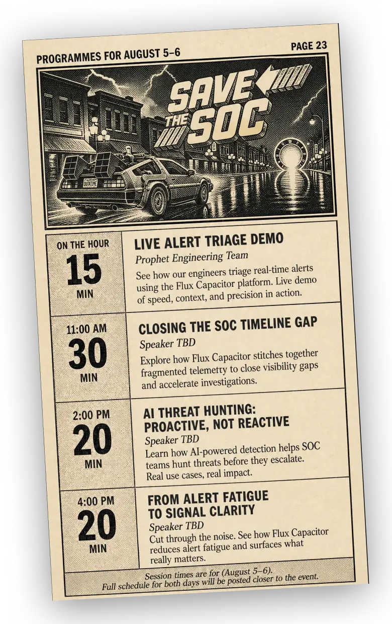 Back to the Future-style poster listing cybersecurity SOC demos scheduled for August 5-6.