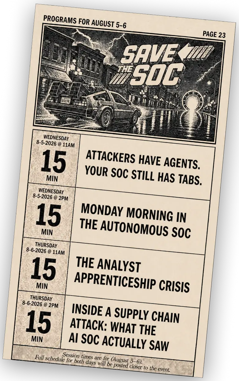 Event schedule for August 5-6 listing four SOC-themed sessions with times and speakers to be determined.