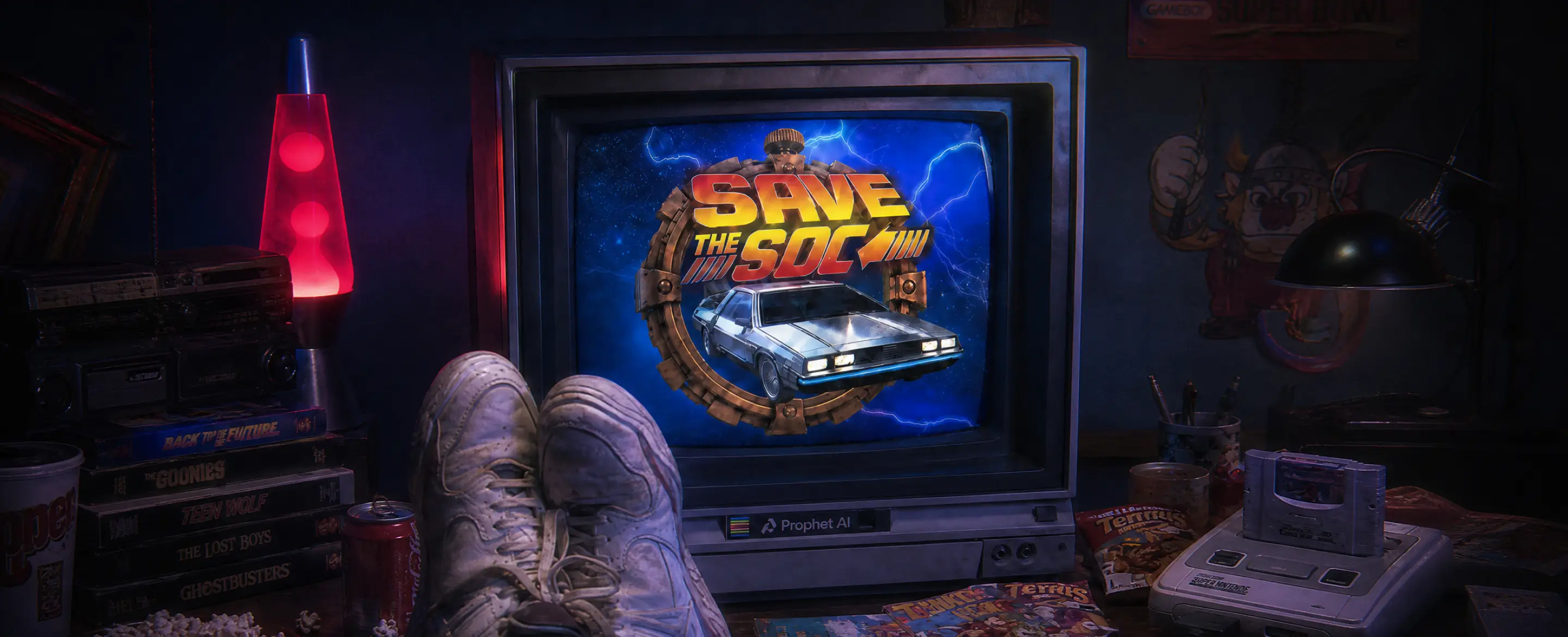 Vintage TV screen showing Save the SOC with a car, surrounded by retro items including a lava lamp and game console.