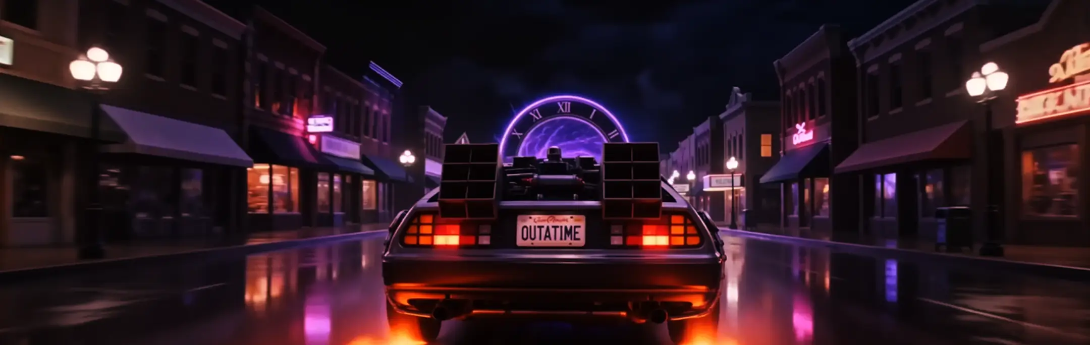 Rear view of a DeLorean car with 'OUTATIME' plate driving on a wet street toward a glowing time portal.