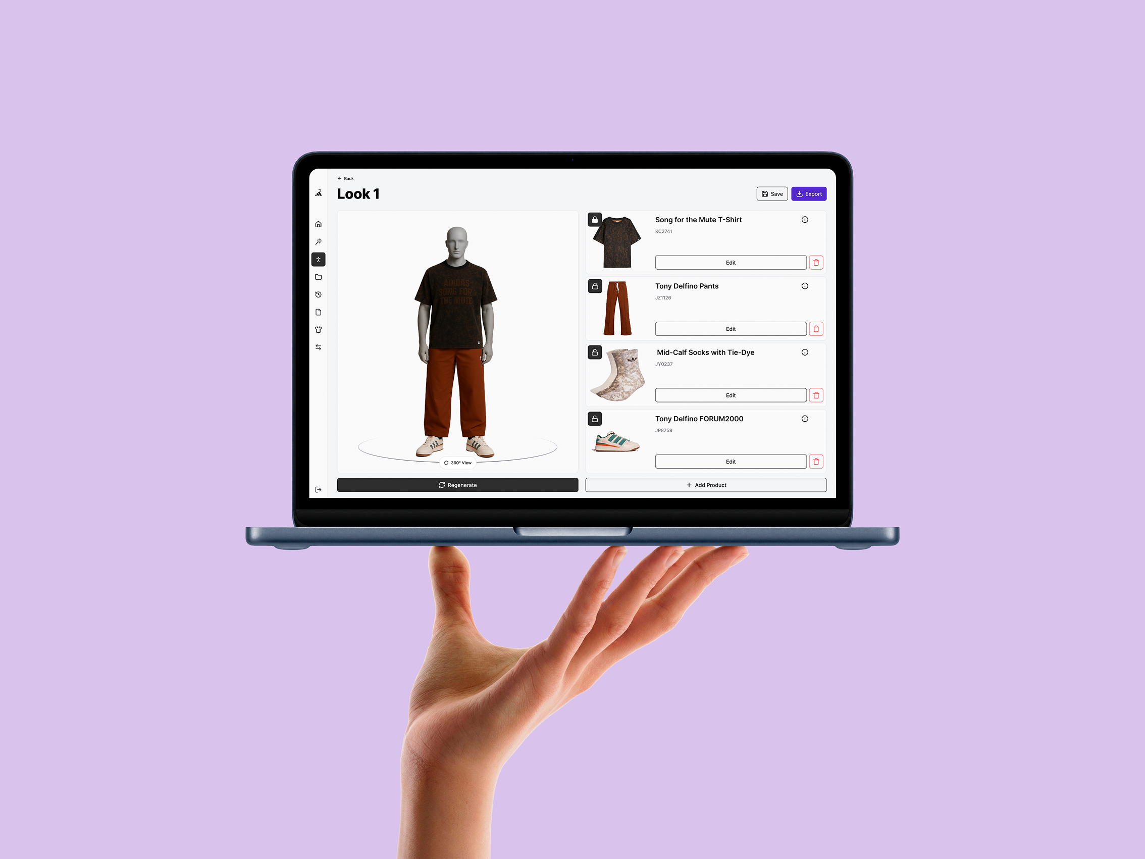 Laptop mockup displaying LookLab’s outfit builder interface with a 3D model and selected clothing items