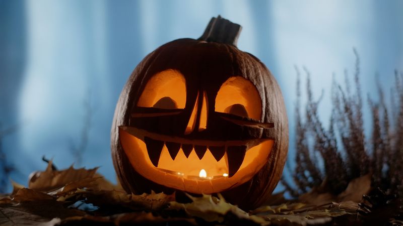 Pumpkin jack-o'-lantern carved for Halloween, lit from inside with candles.