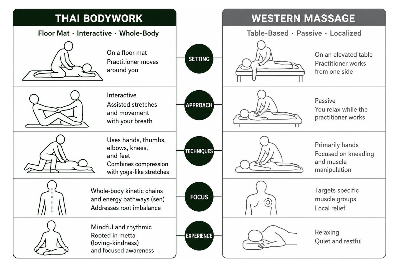 Comparison of floor-mat Thai bodywork versus table-based Western massage Comparison of floor-mat Thai bodywork versus table-based Western massage