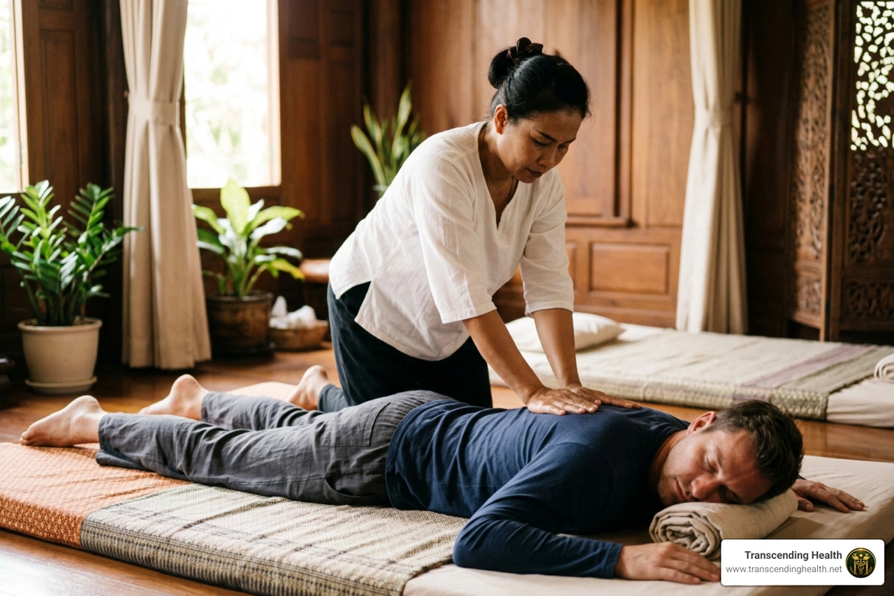 therapist applying rhythmic compression along energy pathways therapist applying rhythmic compression along energy pathways