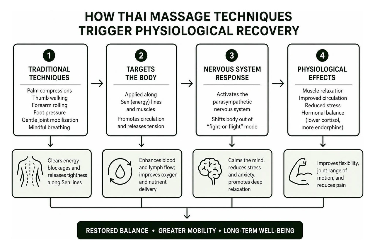 Diagram showing how Thai massage techniques trigger physiological recovery Diagram showing how Thai massage techniques trigger physiological recovery