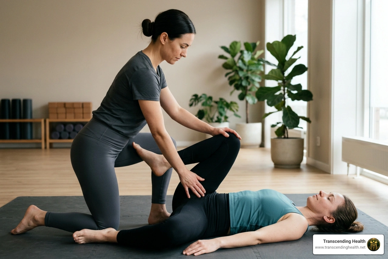 Therapist demonstrating assisted pigeon stretch and sacral decompression on a floor mat