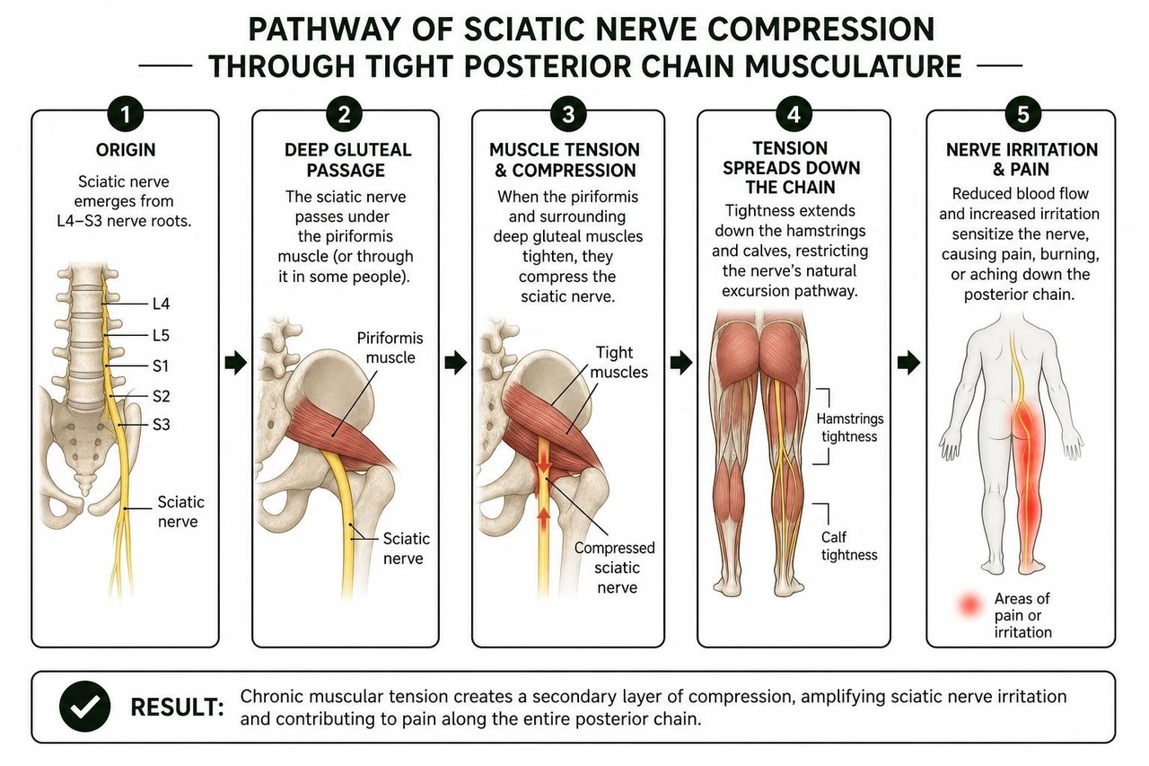 Pathway of sciatic nerve compression through tight posterior chain musculature