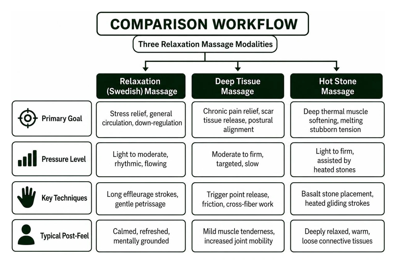 Comparison workflow of relaxation deep tissue and hot stone massage modalities Comparison workflow of relaxation deep tissue and hot stone massage modalities