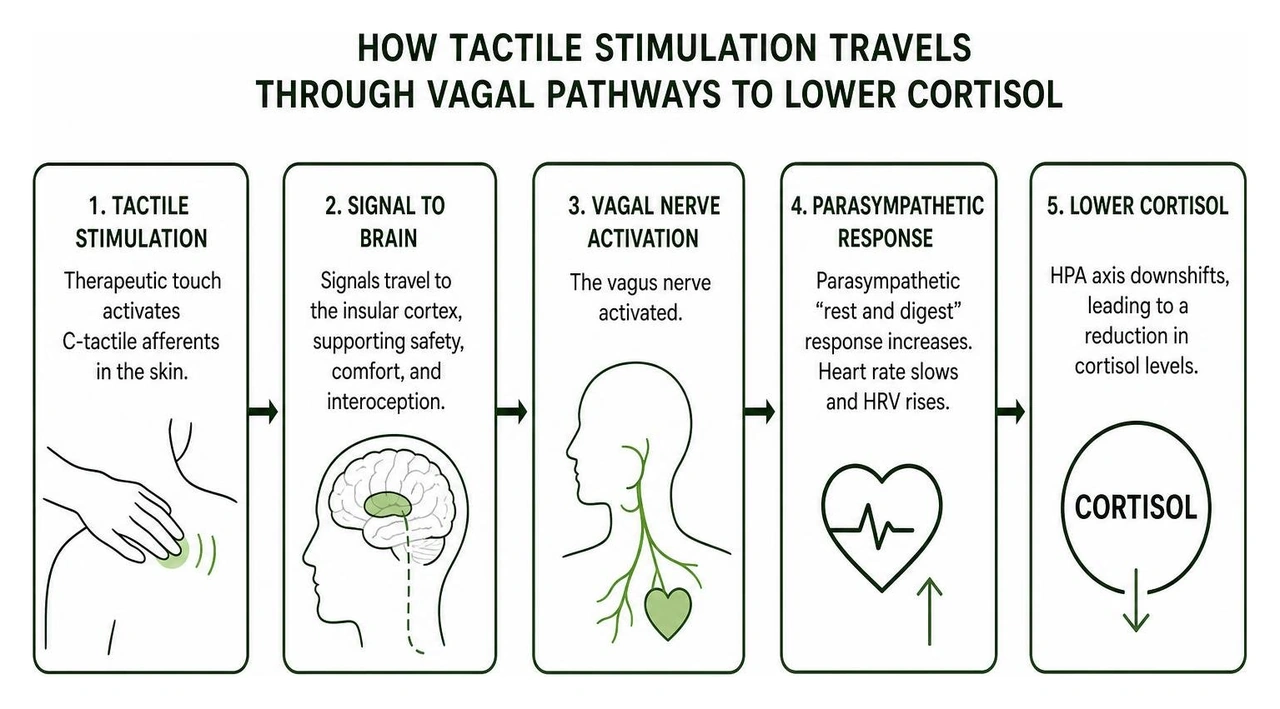 Diagram showing how tactile stimulation travels through vagal pathways to lower cortisol