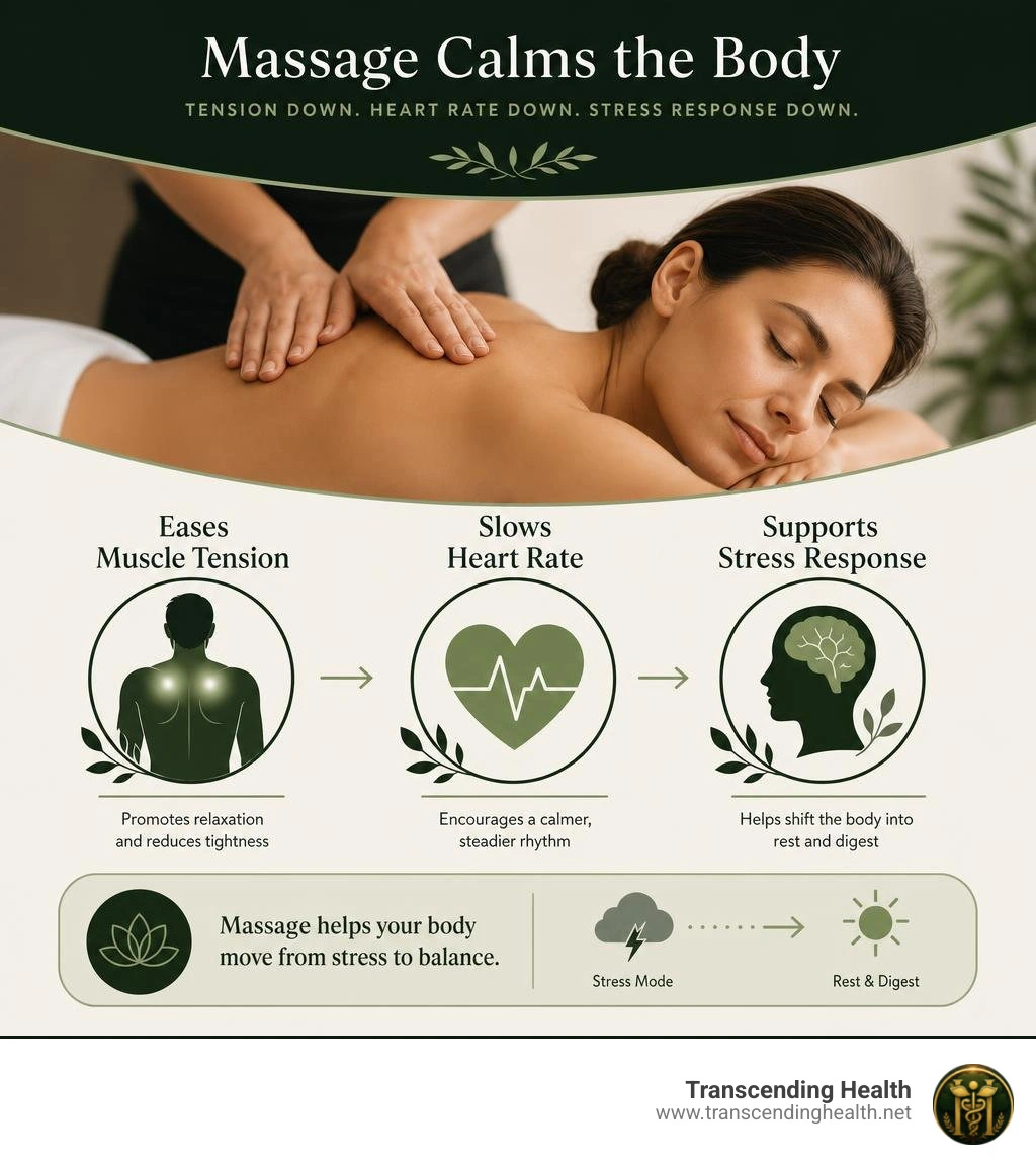 Infographic showing massage calming muscle tension, heart rate, and stress response infographic