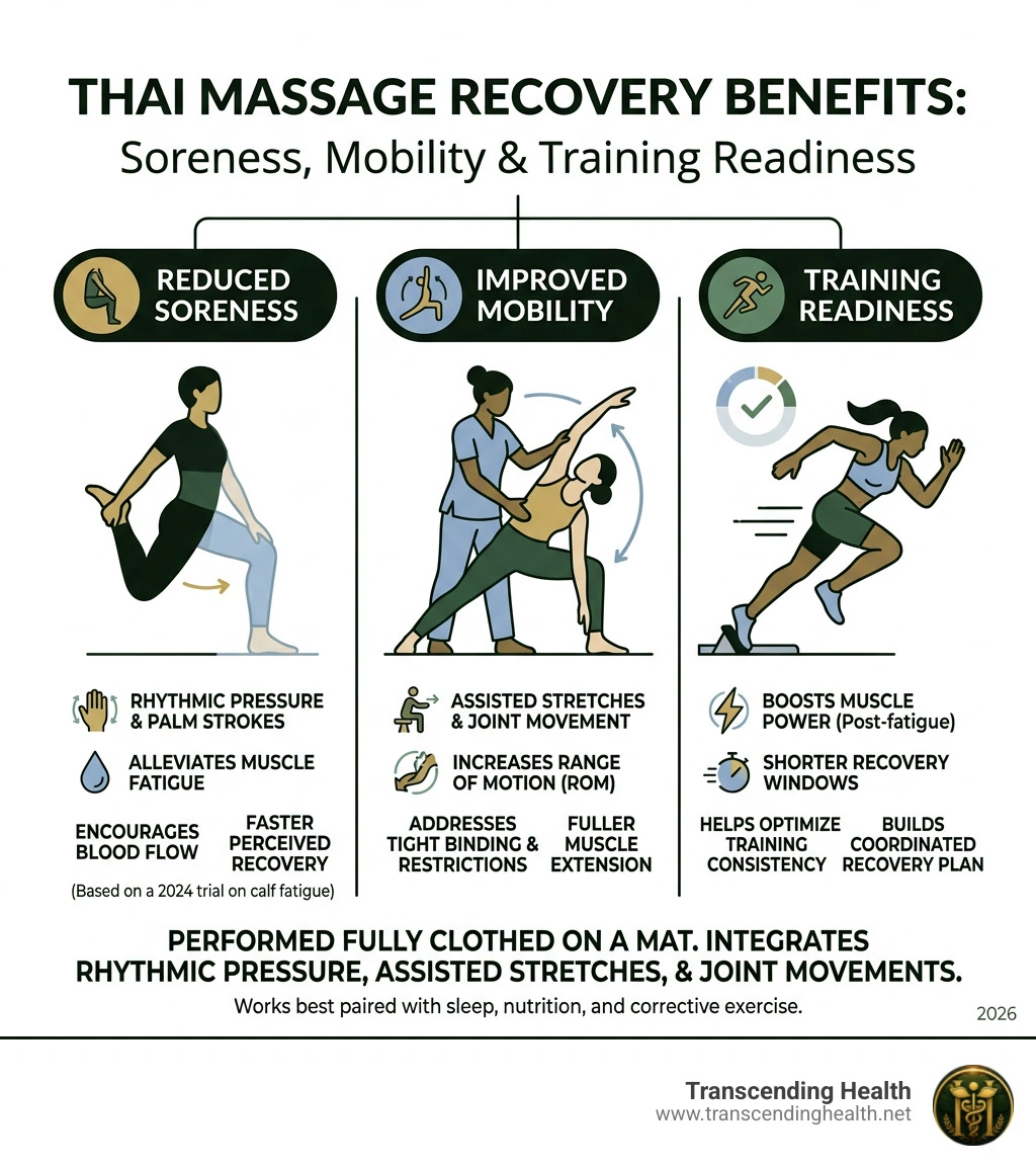 Thai massage recovery benefits for soreness mobility and training readiness infographic