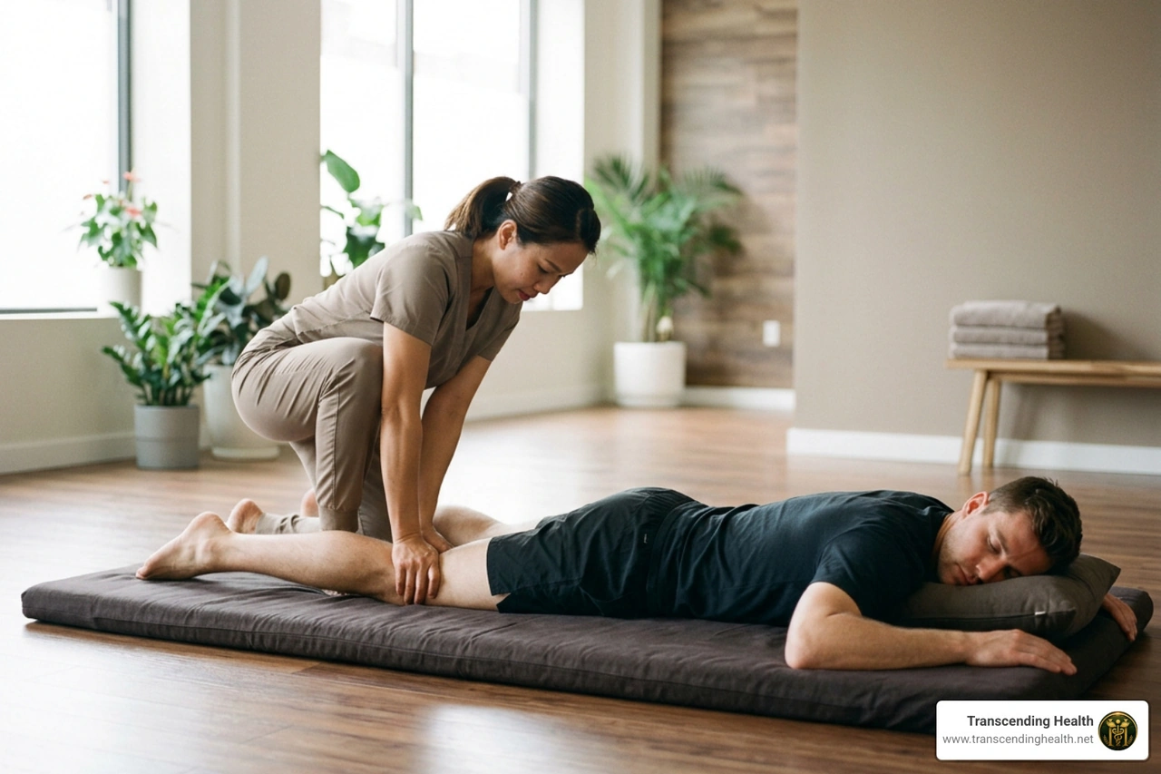 Practitioner applying rhythmic compression to athlete leg muscles