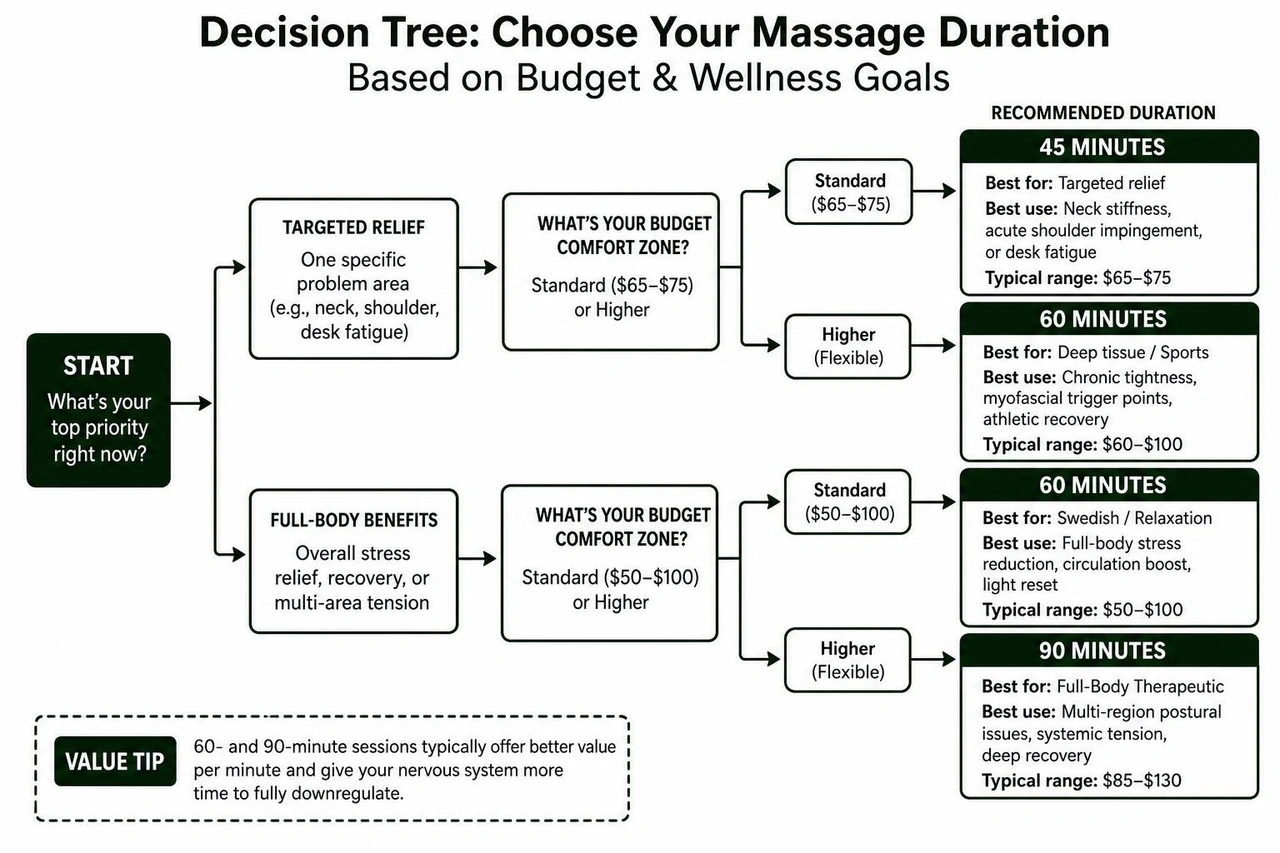 Decision tree for choosing massage duration based on budget and wellness goals Decision tree for choosing massage duration based on budget and wellness goals