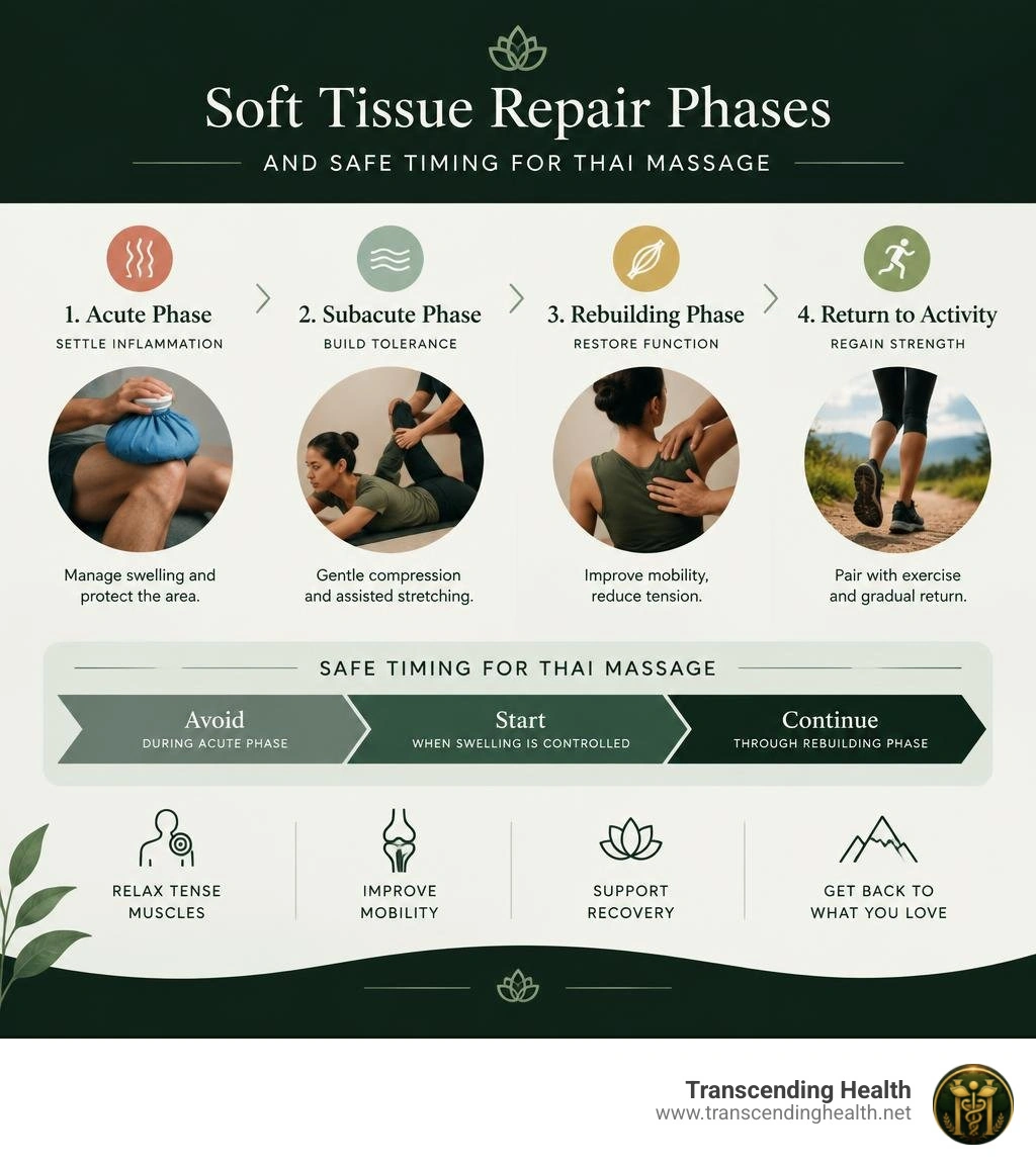 Soft tissue repair phases and safe timing for Thai massage infographic Soft tissue repair phases and safe timing for Thai massage infographic