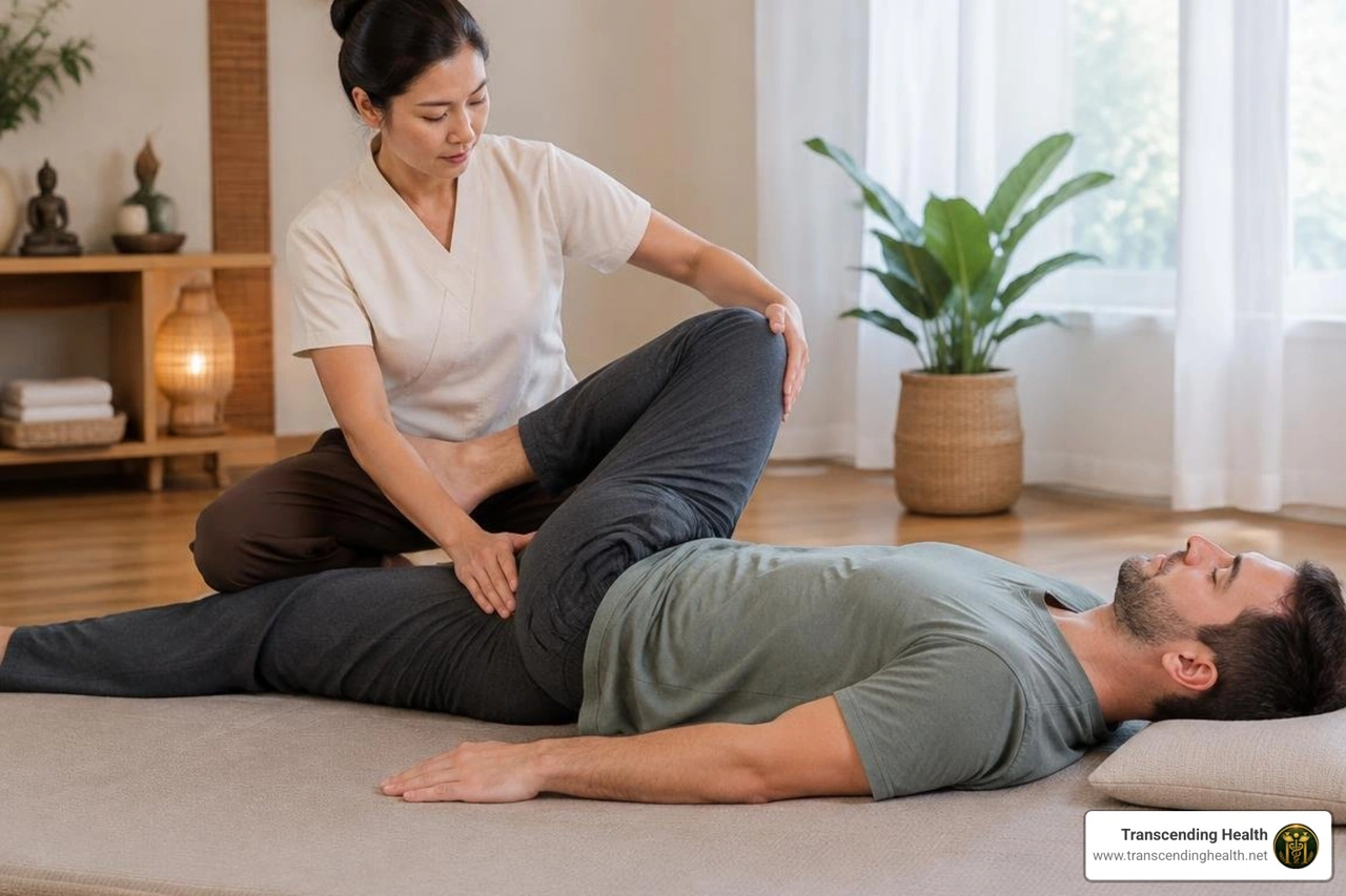 Therapist providing gentle passive hip rotation and traction Therapist providing gentle passive hip rotation and traction