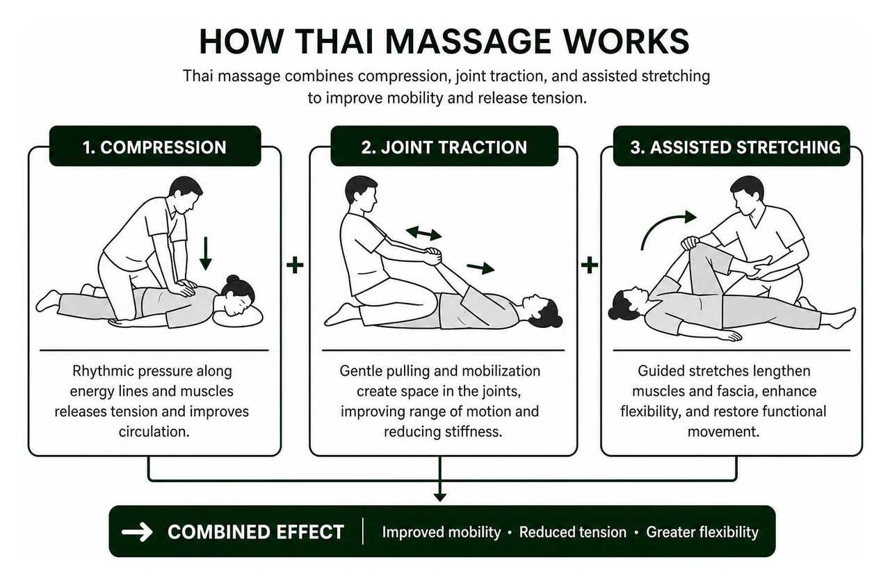 Diagram showing how Thai massage combines compression, joint traction, and assisted stretching Diagram showing how Thai massage combines compression, joint traction, and assisted stretching