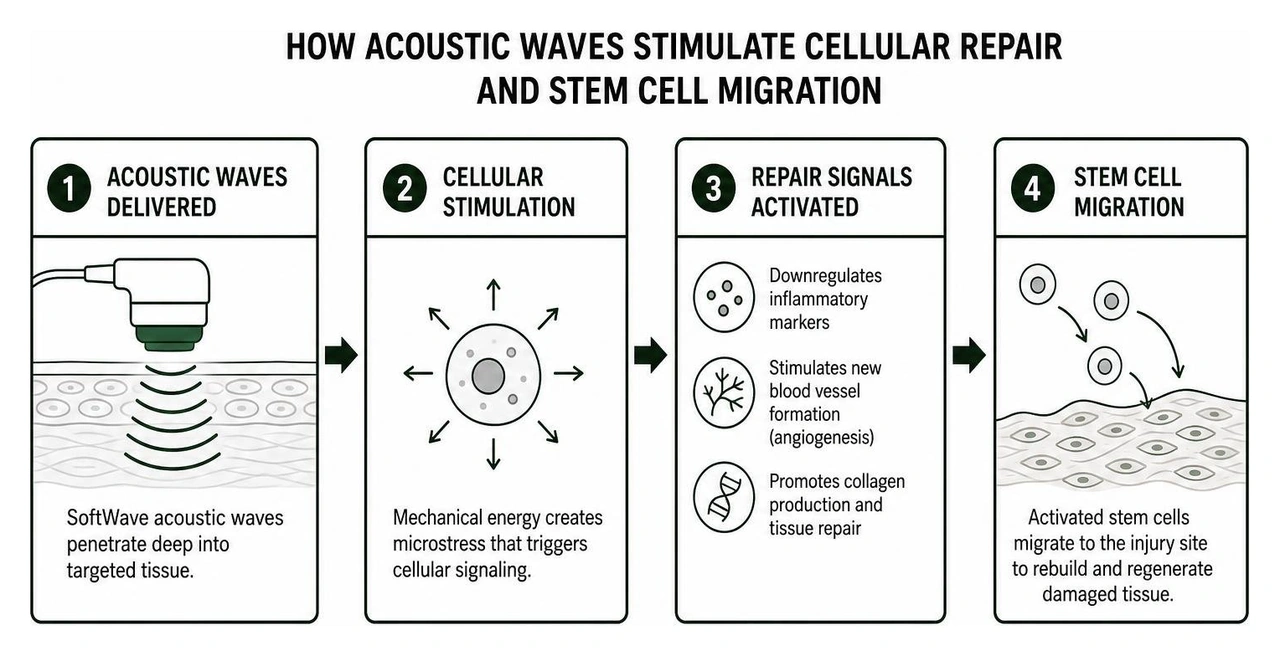 Diagram showing how acoustic waves stimulate cellular repair and stem cell migration Diagram showing how acoustic waves stimulate cellular repair and stem cell migration