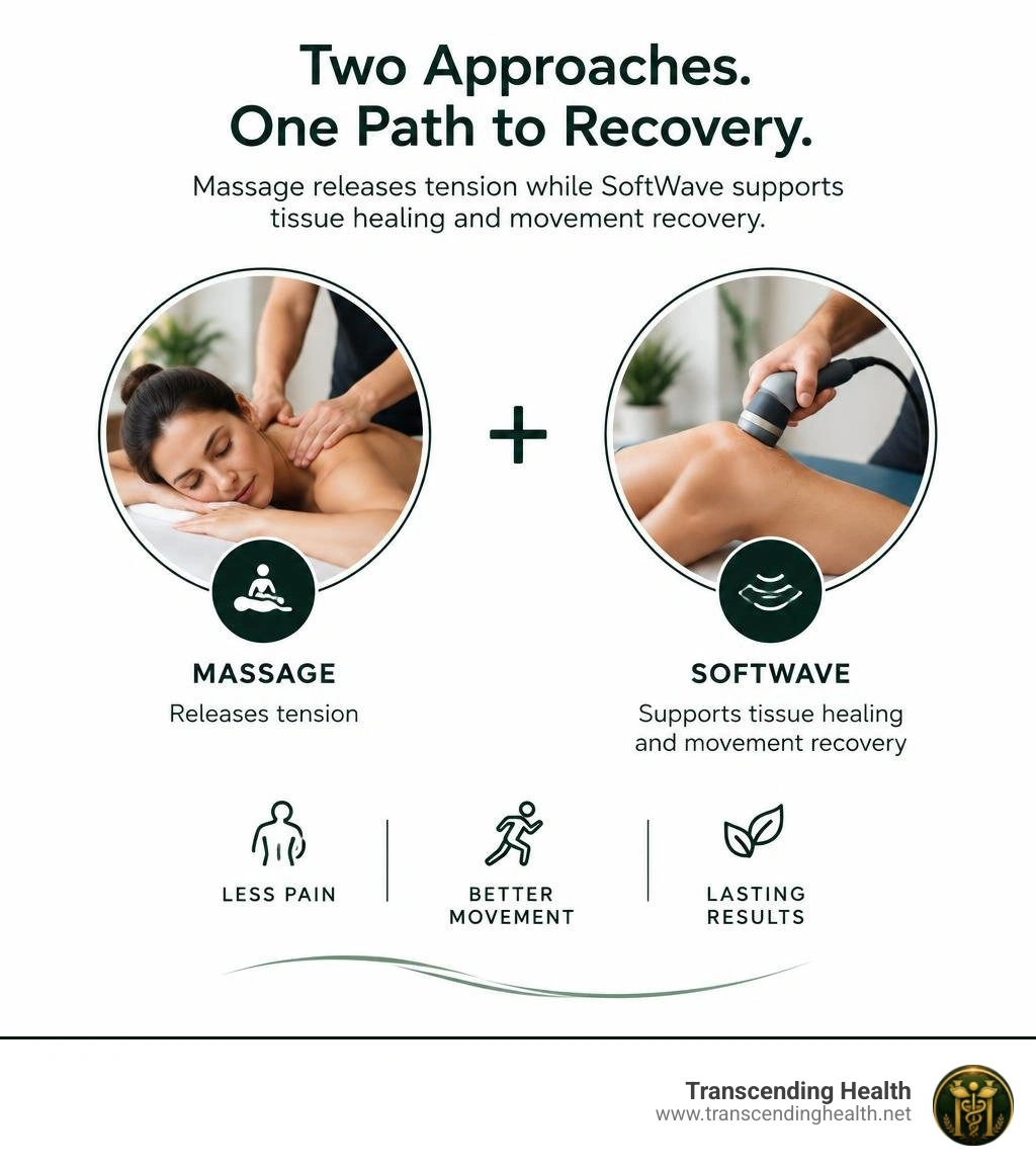 Infographic: massage releases tension while SoftWave supports tissue healing and movement recovery infographic Infographic: massage releases tension while SoftWave supports tissue healing and movement recovery infographic