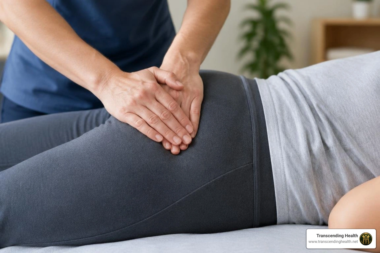 Hands applying gentle palm compression to the gluteal muscles Hands applying gentle palm compression to the gluteal muscles